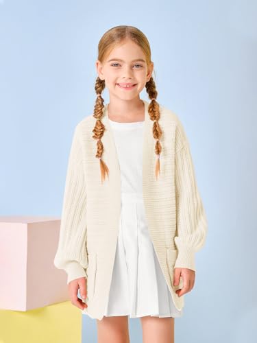 Image of Haloumoning Kids Girls Open Front Cardigan Sweaters Long Sleeve Cable Knit Fashion Clothes with Pockets 5-14 Years