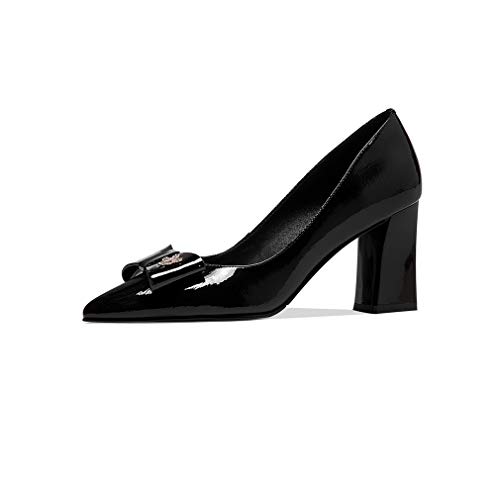 TinaCus Women's Handmade Glossy Patent Leather Pointed Toe High Block Heel Slip On Modern Pumps with Bowknot and Litter Flower Decor2