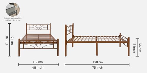 Image of Zyra Metal Single Size Bed Without Storage | Wrought Iron Single Bed with Headboard & Footboard| Sturdy Powder Coated Platform Cot for Bedroom, Living Room, (Zyra Brown)