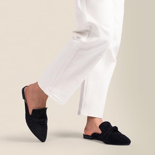 Image of MUSSHOE Mules for Women with Bow Knot: Pointed Toe Flats - Cloud-Cushion Suede Backless Loafers for Office & Casual Wear - Wide-Fit Friendly Slip On Slides with Memory Foam