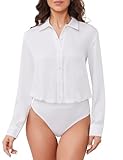 POLIRO Women's Button Down Long Sleeve Bodysuit Blouse Satin Office Work Shirts One-piece Body Suit Tops Business Casual(White,L)
