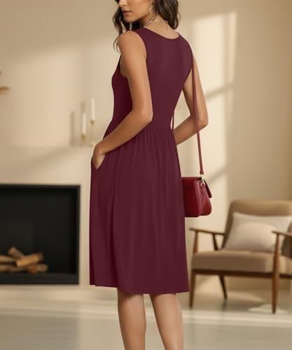 Image of NILOUFO Sleeveless Dress for Women Summer Knee Length Sundress with Pockets | Sundresses for Women Tank Empire Waist Sun Dress Cold Shoulder Casual V Neck Midi Dress Flowy Summer Dresses for Women