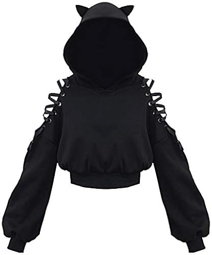 PANOZON Sudadera Corta con Capucha Orejas de Gato para Mujer Chicas Disfraz de Anime Ropa Graciosa,Negro M | Ya disponible en tu tienda friki favorita! En mundofriki.es!