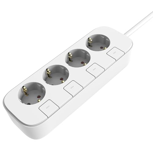Regletas Enchufes 4 Tomas con Interruptor Individuales, Certificado TÜV/GS, 16A, Cable de 1,4m de 3G x 1,5 mm², Enchufe múltiple para el hogar, la Oficina y el Uso Diario