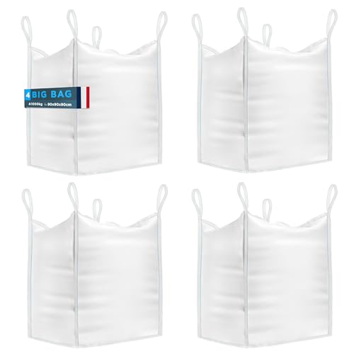 BIBODU Big Bag (4 UNITÉS) de 1000kg | Sac a Gravats 90x90x90 cm | Big Bag Jardin Résistant et Réutilisable | Big Bag Gravat parfait pour Chantiers, Jardin,...