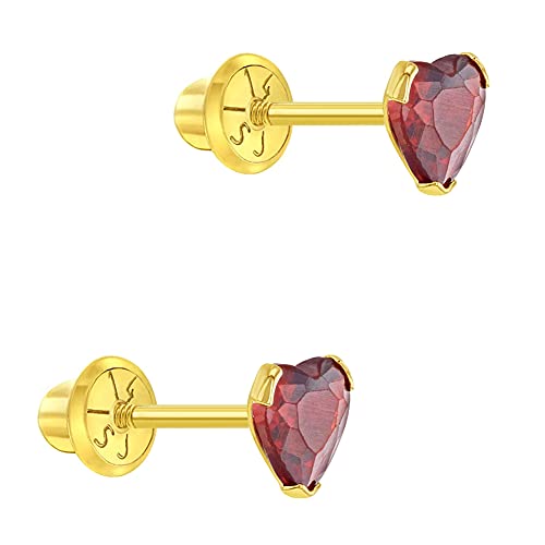 14K Yellow Gold 5Mm Simulated Garnet Birthstone Screw Back Earrings - Petite Red Cz Heart Stud Earrings For Babies, Toddlers, & Young Girls - January Birthday Jewelry Gift #TOP1