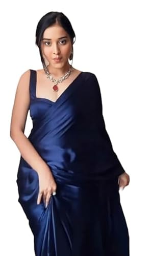 SATAZ Women's Ready to Wear Navy Blue Plain Satin Silk 1 Minute Pre Pleated Saree with Unstiched Blouse