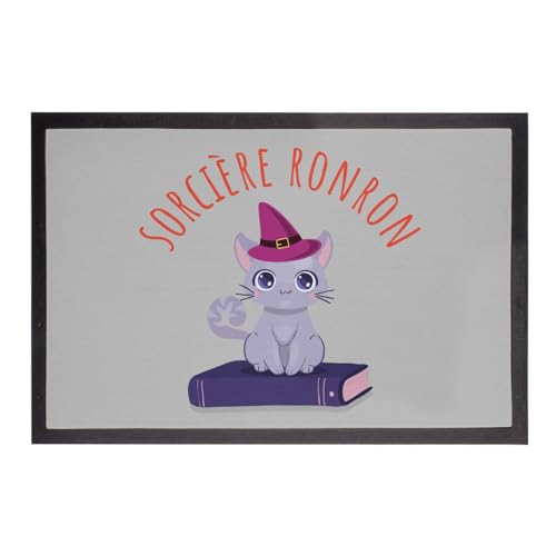 Paillasson Gris Sorcière Ronron Chat Halloween Mignon 75x50cm