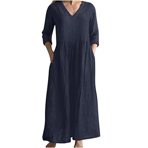 2023 Vestidos Largo Mujer Casual Algodón Lino Vestido Moda Verano Cuello en V Color sólido Manga Larga Elegante Fiesta Cómodo Suelto Vestido de Noche Bolsillos Talla Grande Playa Vacaciones