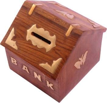 India Wood Mart Wooden Hut Shaped Wooden Money Box with Lock Piggy Bank Coin Box Children Gifts (Wood)