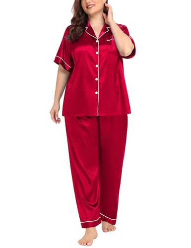 Image of SWOMOG Women's Plus Size Pajamas Silk Satin Pajama Set Short Sleeve Shirt with Full-Length Pants Pjs Sleepwear Set 18W-26W
