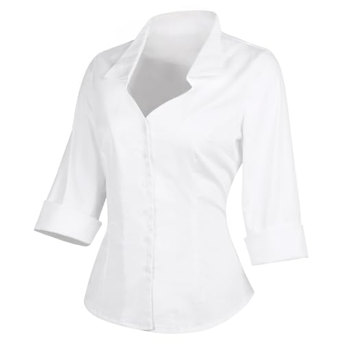 YARN & INK Women's Elegant Classic-Fit Casual Blouses Button Down 3/4 Sleeve Dressy Shirt 1950s Retro Work Office Tops3