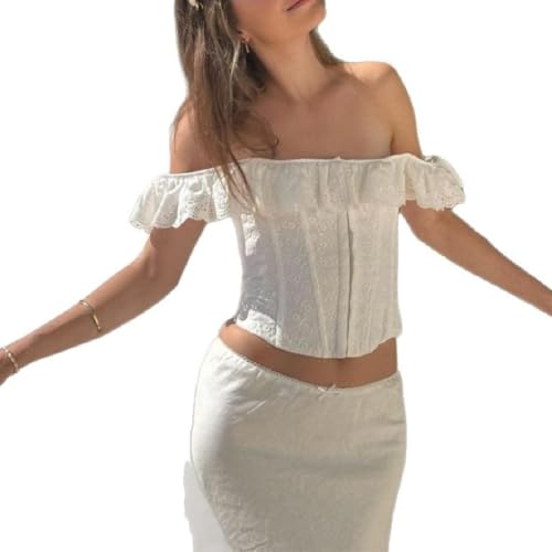 Women Ruffle Off Shoulder Top Straight Neckline Lace Up Backless Hook-Eye Front Corset Bustier Top Eyelet Textured (White, M)