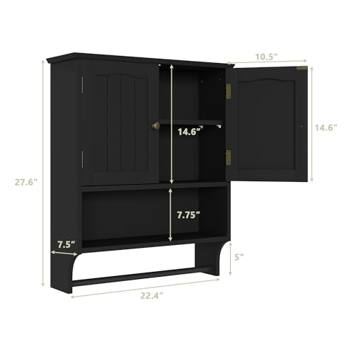 Smuxee Black Bathroom Cabinet Wall Mounted with Towels Bar, Medicine Cabinet with 2 Door Adjustable Shelves, Over Toilet Cabinet for Bathroom Laundry Room Kitchen