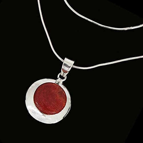 Chuvora 925 Sterling Silver Natural Red Bamboo Sea Color Inlay Round Pendant Necklace, 18 Inches #TOP1