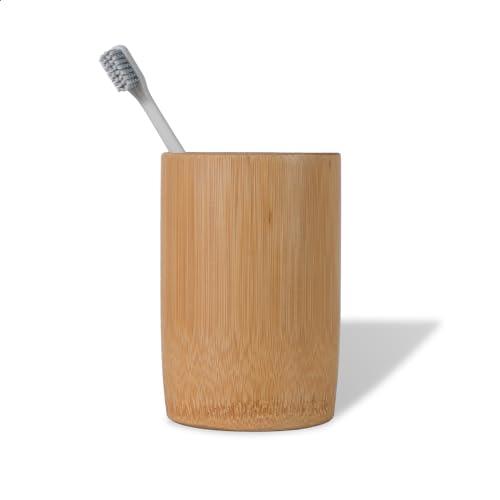 ABBI NIMO Natural Bamboo Toothbrush Holder for Bathroom Countertop, Simple Cylindrical Tumbler, Makeup Brush or Pen Organizer, Desktop Bathroom Accessory