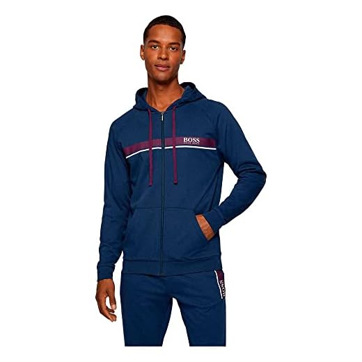 BOSS Autentisk jacka för män, H loungewear-jacka av bomullsfrotté med ränder och logotyp