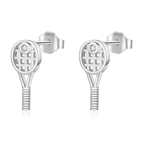 Pendientes de raqueta de tenis de plata de ley 925, pendientes de tuerca de raqueta de bádminton de plata pequeña con personalidad, pendientes de circonita deportivos para mujeres, adolescen