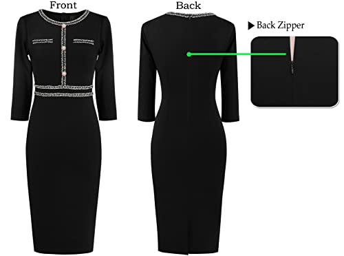 VFSHOW Womens Business Button Crew Neck Fitted Wear to Work Office Patchwork Pencil Sheath Dress4