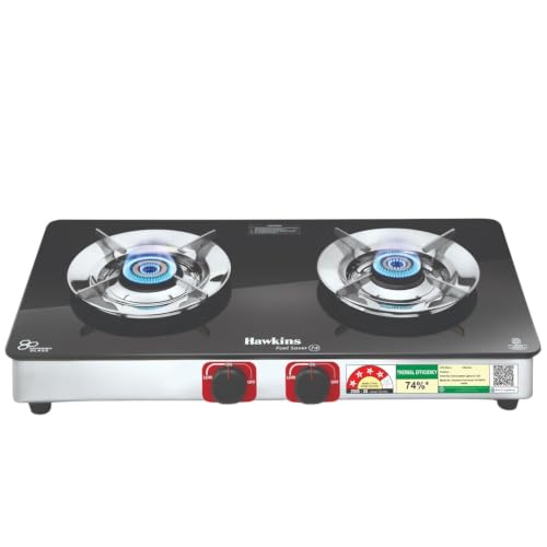 Hawkins Fuel Saver 2 Burner Gas Stove | Long lasting 8mm Toughened Glass Top | LERC designed Pan support for...