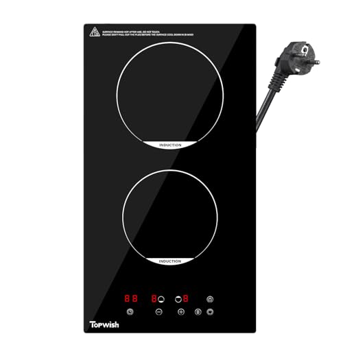 TOPWISH vitrocerámica 30 cm, placa de cerámica con 2 zonas, placa calefactora con temporizador e indicador de calor residual