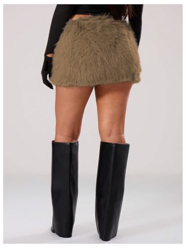 MakeMeChic Women's Brown Mini Skirts Fall Fuzzy Fur Bodycon Skirt Y2K Concert Outfits Cowboy Chic2