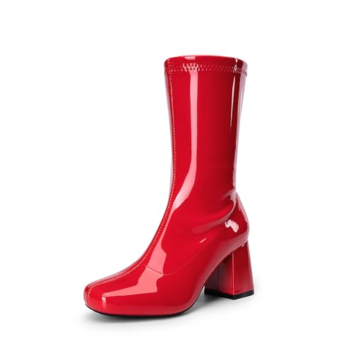 DREAM PAIRS Women's Mid Calf Gogo Boots Low Block Heel Square Toe Ankle Boot with Zipper for Party Cosplay Dance,Size 8,Red,SDMB2301W-1