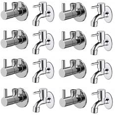 Spazio Stainless Steel Turbo Angle Valve With Bib Cock Combo Pack Foam Flow Water Taps With Wall Flange (Pack of 8) (Chrome Plated, Brass Disc)