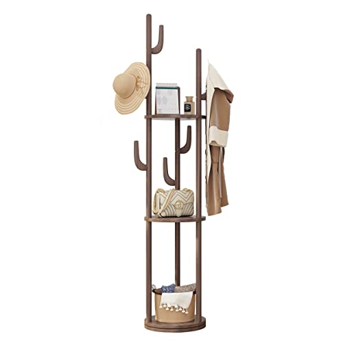 UMDONX Garderobenständer, drehbarer jackenständer kleiderständer holz mit 3 Ablagen und 6 Haken, für Mäntel, Jacken, Taschen, Hüte, Naturholz Cover