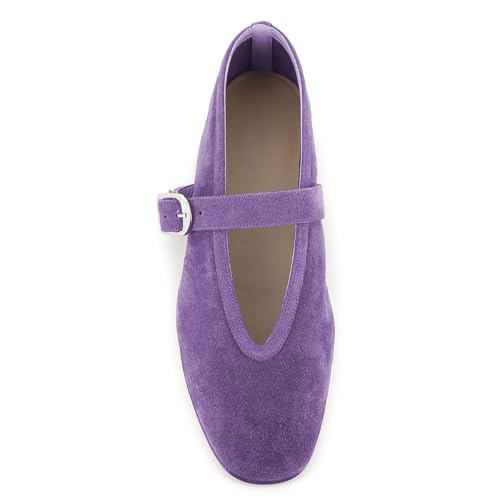 Women's Suede Mary Jane Flats with Silver Adjustable Buckle Strap, Round Toe Comfortable Dress Shoes for Daily & Office Wear3
