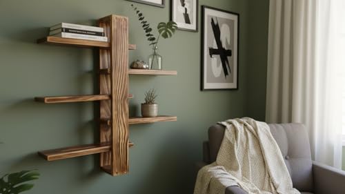 Image of Modern Wall Mounted Wooden Shelf with 5 Adjustable Sliding Shelves | Handcrafted Pine Wood Display Shelf for Living Room, Bedroom & Home Decor