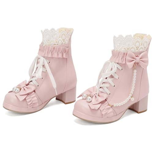 LUXMAX Women Cute Lolita Boots Chunky Mid Heel Ankle Boots with Bow Platform Lace Up Booties with Pearl4