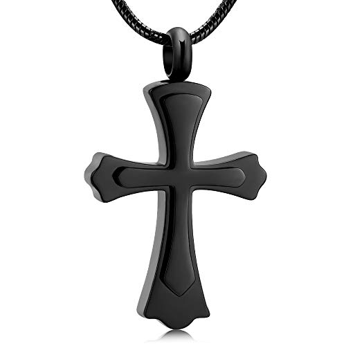 Stainless Steel Cross Memorial Cremation Ashes Urn Pendant Necklace Keepsake Jewelry Urn (Black)
