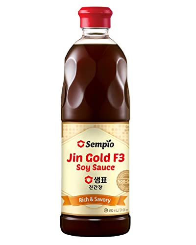 Sempio Jin Gold F3 Soy Sauce For Stir Fry & Braises – Premium Blended, Rich Umami Flavor, Naturally Fermented - Gluten Free, Non-Gmo, Kosher, Vegan, Halal - Crafted In Korea (29.08 Fl Oz/860 Ml)