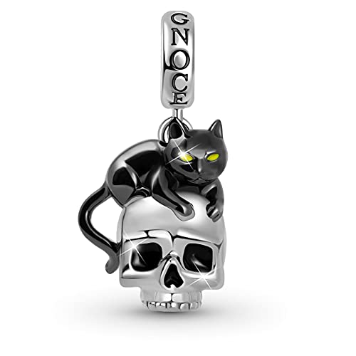 GNOCE Black Cat Skull Pendant Sterling Silver Gold Plated Dangle Charm Fit Bracelet/Necklace for Women