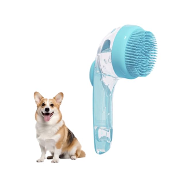 Pet Bath Brush with Shampoo Dispenser, Silicone Bristles, Ergonomic Handle, Green, 3-in-1 Shower Massage Tool for Dogs and Cats，Easy to Clean & Quick-Drying (Blue)