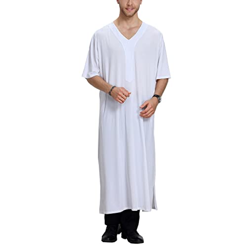 Men Sleepwear Robes Arabic Clothes Short Sleeve Dubai Kaftan Islamic Thobe Long Pajamas Nightgown M-XL3