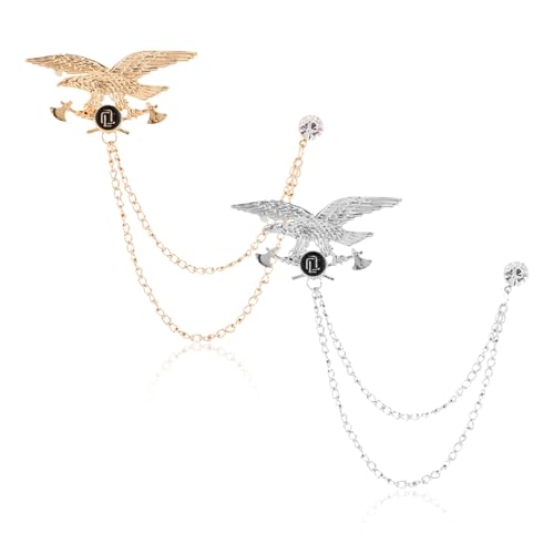 Image of 2PCS Crystal Hanging Chain Brooch Suit Pin for Men Women Vintage Crown Cross Star Diamond Broochs Gold and Silver Wedding Brooch for Clothes Dress Hats Bags Accessory