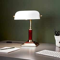 Lamparas Antiguas Para Escritorio Lightbox Elegante lámpara de banquero, lámpara de escritorio, con base de madera, 1x E27 max. 60W, metal/madera/vidrio, latón antiguo