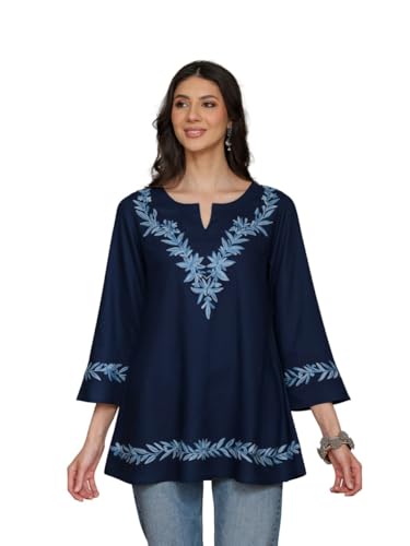 Image of QAZMI Women Kashmiri Aari Embroidered Viscose Rayon A-Line Short Kurti with Bell Sleeves
