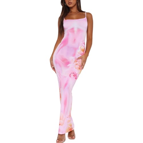 Image of Womens Summer Casual Floral Dresses Spaghetti Strap Bodycon Maxi Beach Dress Elegant Evening Party Long Dresses