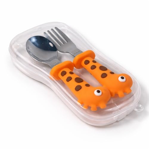 Image of Baby Spoon and Fork Set, Yellow Silicone Toddler Cutlery Set with Giraffe Grip, 2 Pc, Self Feeding Utensils for Baby Meals School and Travel, Mealtime Essential