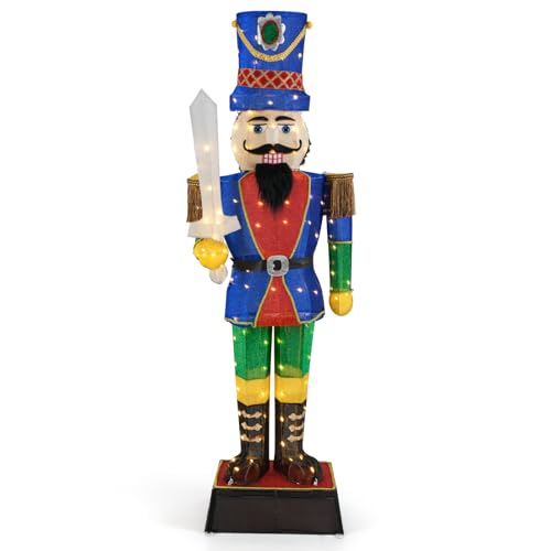 Goplus 6 FT Lighted Nutcracker with Sword, Life-Size ChristmasSoldier w/ 110 LED Lights, 3D Pre-Lit Nutcracker Ornament for Indoor & Outdoor Displays