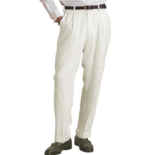 Vintage Men's Linen Blend Dress Pants Flat Front Breathable Fabric Lightweight Durable Summer Dress Long Pants