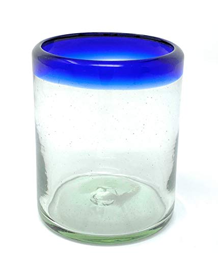 Hand Blown Mexican Drinking Glasses – Set of 6 Tumbler Glasses with Cobalt Blue Rims (10 oz each)