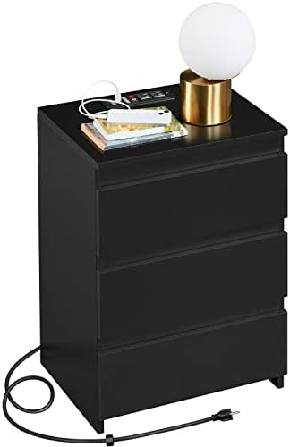 Yaheetech Nightstand with Charging Station, Wood Bedside Table with 3 Drawers, Bedside Storage Cabinet Unit with 2 USB Ports & Power Outlets for Bedroom/Small Space/Home Office, Black