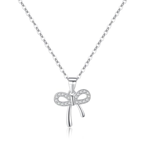 Image of Reffeer Solid 925 Sterling Silver CZ Bow Necklace Chain for Women Teen Girls Crystal Bow Pendant Necklace Choker Bowknot