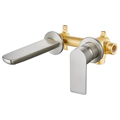 Aolemi Bathroom Wall Mount Sink Faucet,Brushed Nickel Single Handle Wall Faucet with Brass Rough-in Valve Long Spout Reach Basin Mixer Tap Cover