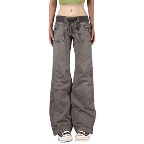 Bootcut Jeans for Women, Low Rise Well Bottoms Denim with Ribbed Waistband Side Stitch Drawstrings,Y2k Grunge
