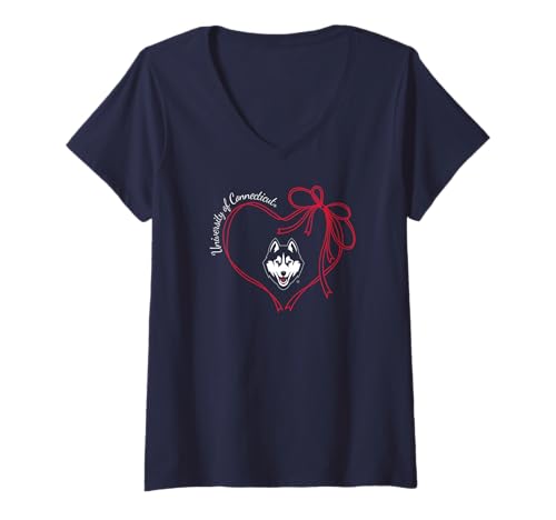 Womens Connecticut Huskies Bow Heart Navy Officially Licensed V-Neck T-Shirt